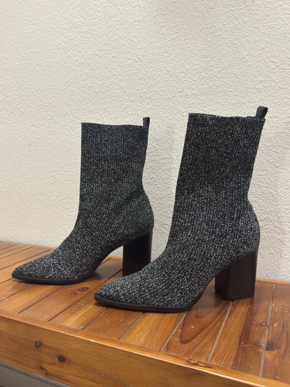 Women's Black Sparkle Knit Block Heel Ankle Boots